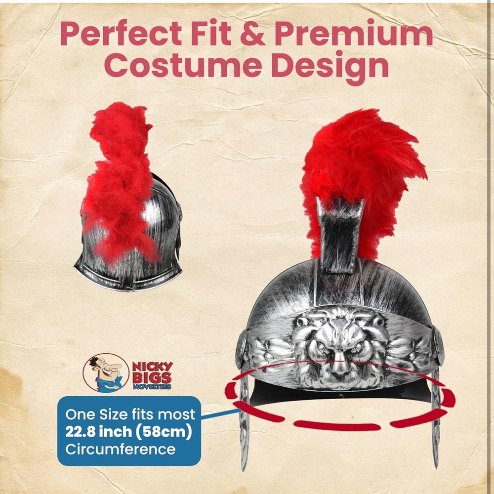 NWT Nicky Bigs Adult Roman Helmet W/Red Fake Feather Plume Greek Gladiator - Picture 3 of 8
